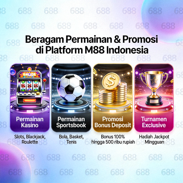 GIF informatif tentang beragam permainan dan promosi yang tersedia di platform M88 Indonesia